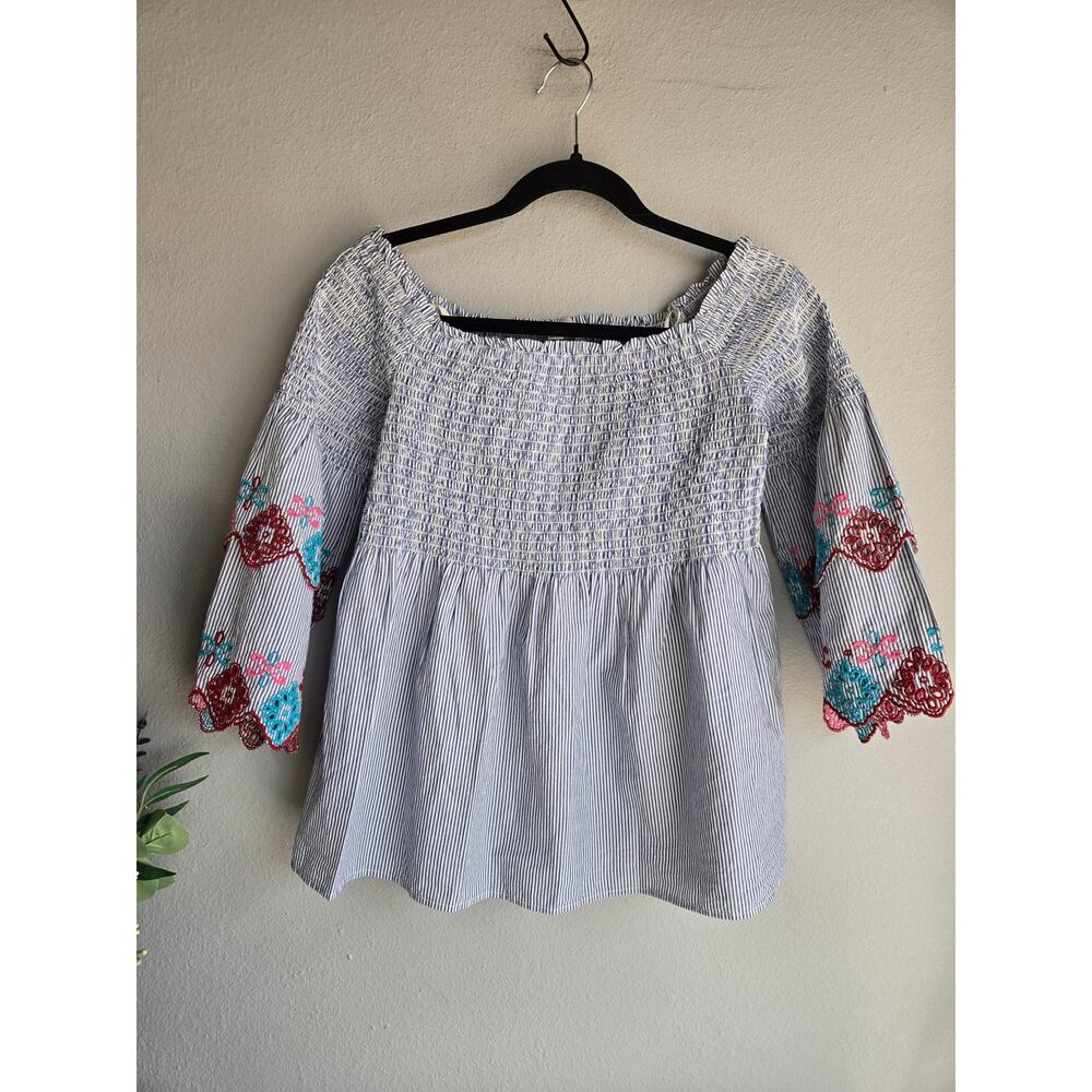 LOFT‎ Boho Embroidered Smocked Off The Shoulder Pinstripe Peasant Top S - Picture 2 of 9